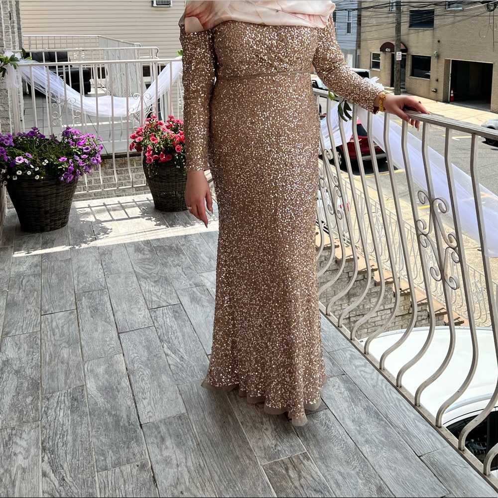COPY - Mac Duggal Shimmering Gold PUFF SHOULDER SEQUINED SURPLICE GOWN in size …